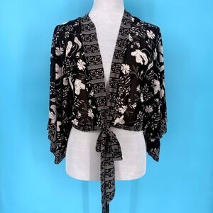 Ember Black White Floral Mesh Tie Front Kimono Crop Top SB5051 Small